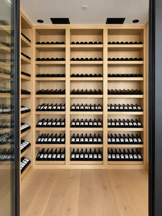 Glass-front wine storage with light wood shelving