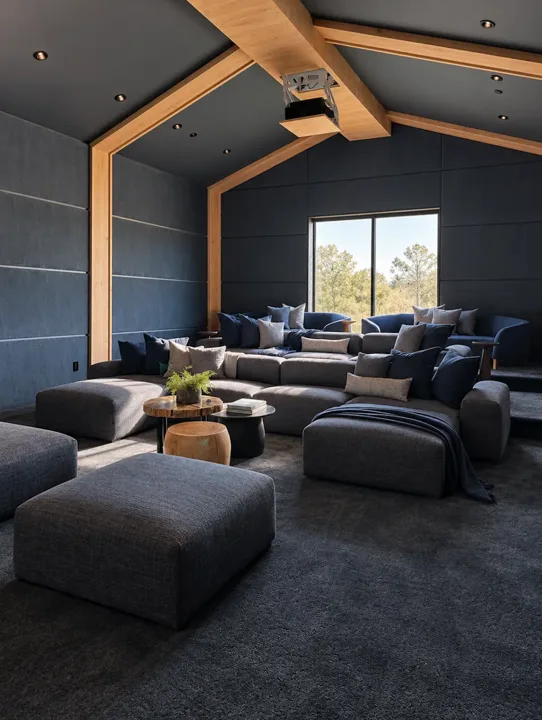 Home theater with deep blue walls and lounge seating