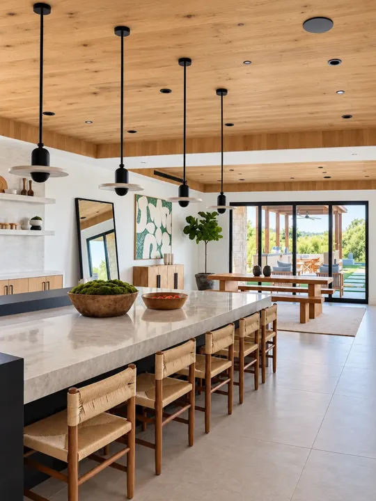Stone kitchen island with woven stools and black pendant lights