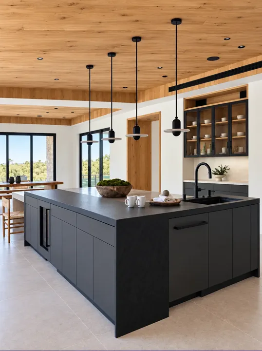 Dark kitchen island with oak cabinets and exposed beams