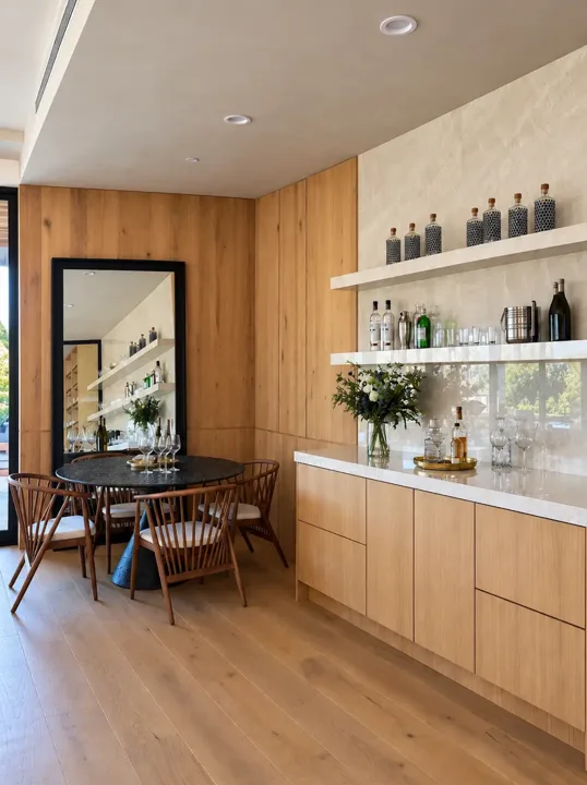 Wood-paneled drinks station beside a round dining table