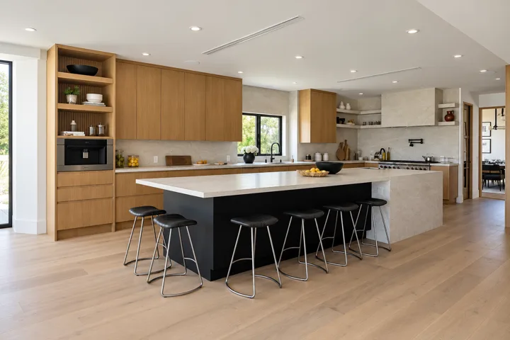 Oak kitchen with a dark island and open display shelves