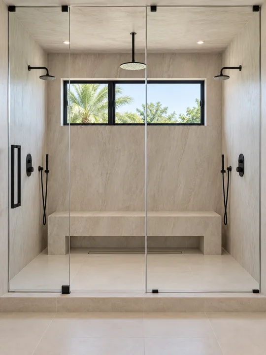 Walk-in shower with stone walls and a built-in bench
