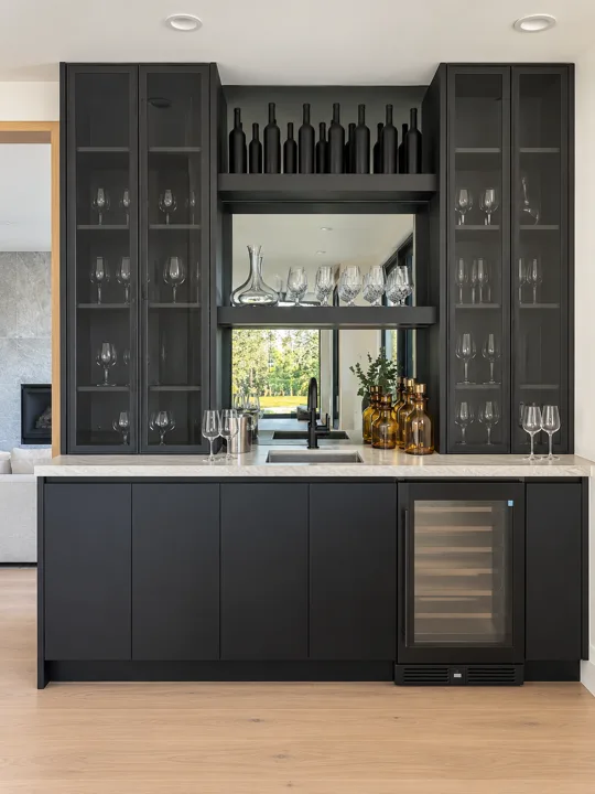Dark bar cabinetry with glass display doors and beverage storage