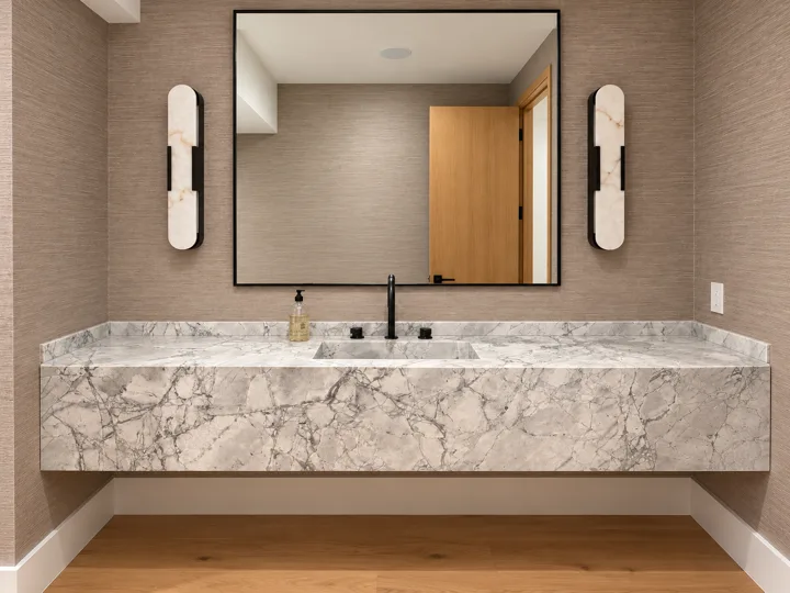 Floating stone double vanity with wall-mounted lighting