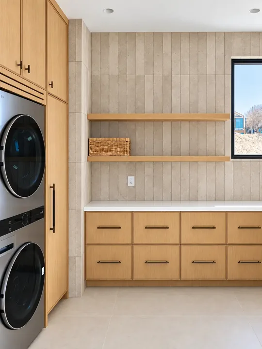 Laundry storage with open oak shelving