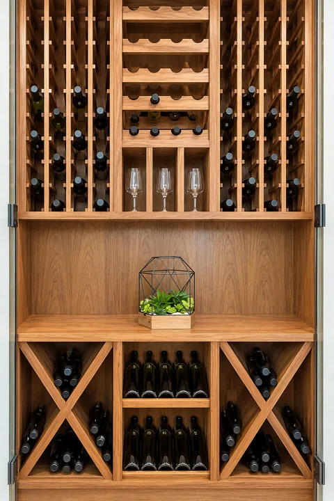 Oak wine cabinet with display shelves and bottle storage