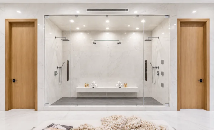 Walk-in shower with pale stone walls and built-in shelving