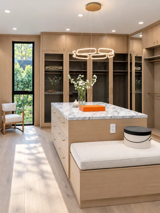 Closet island with a marble countertop and illuminated shelving