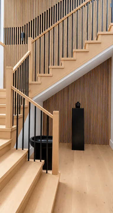 Oak staircase beside a vertical wood-slat wall