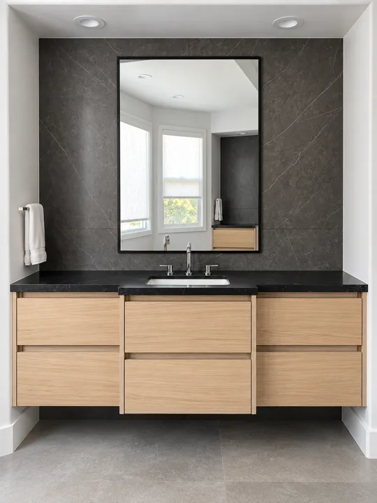 Oak vanity with a dark counter below a framed mirror