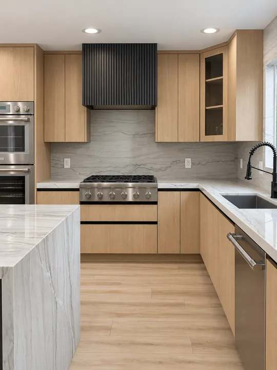 Oak kitchen cabinetry with pale stone counters and a black faucet