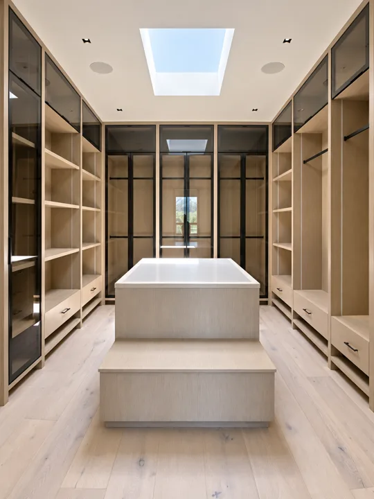 Walk-in closet with open shelving and a white-topped island