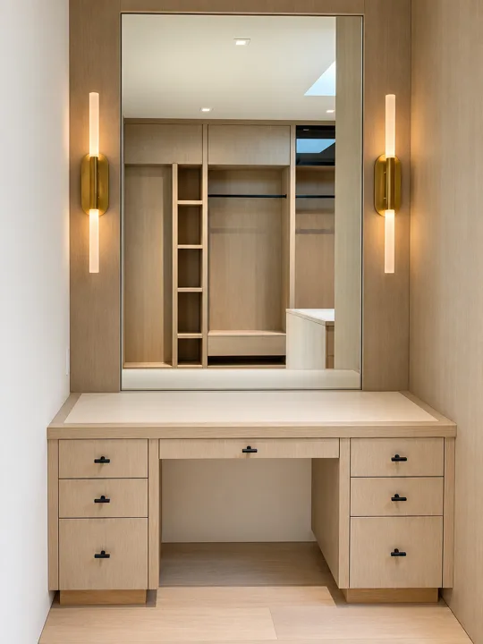 Closet drawers and open shelves with brass wall lighting