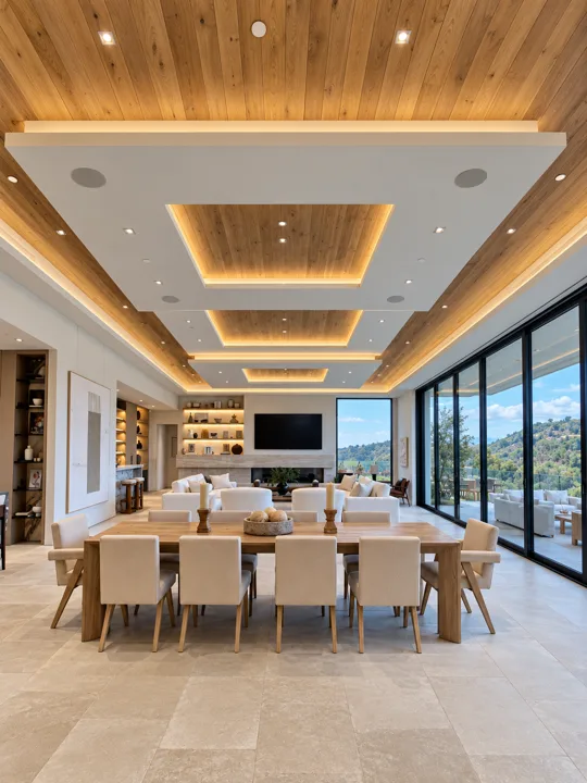Open living and dining room with inset wood ceiling panels