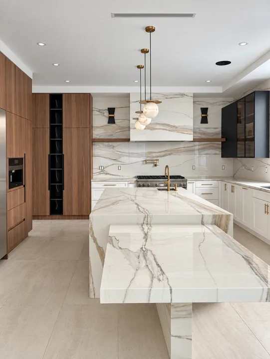 Waterfall marble kitchen island with dark and oak cabinetry