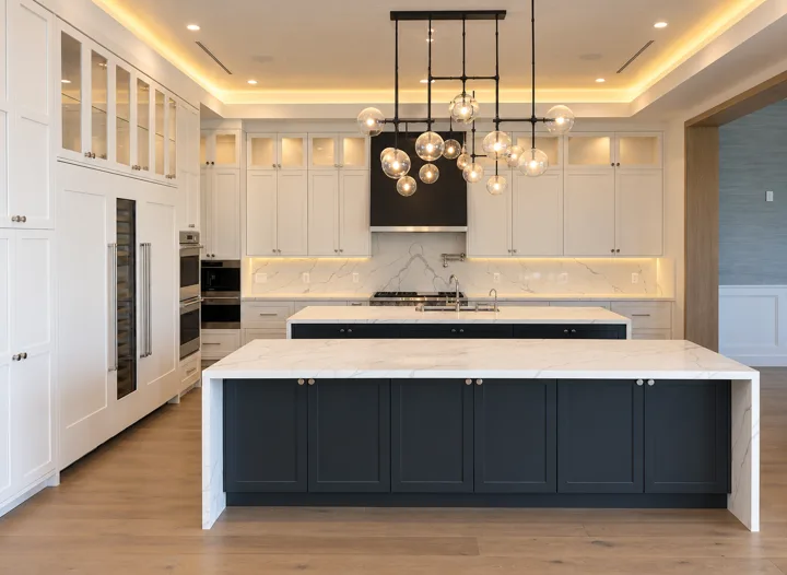 Traditional white kitchen with a navy island and glass pendants