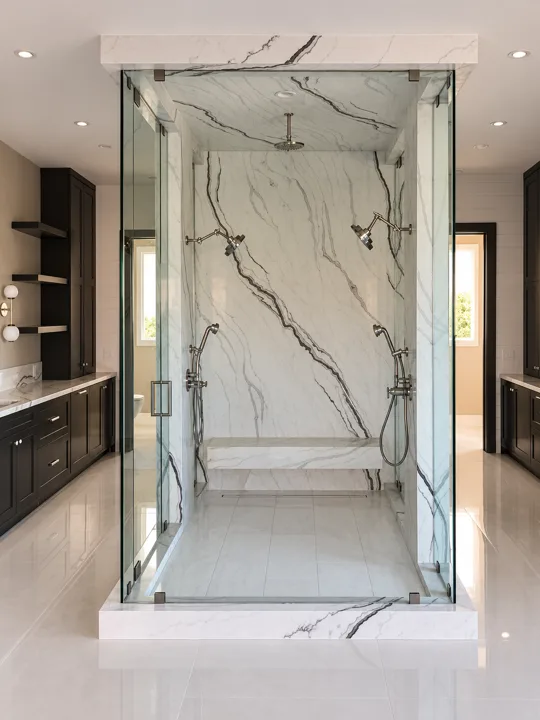 Glass-enclosed marble shower with dual wall-mounted showerheads, a rainfall shower and a stone bench