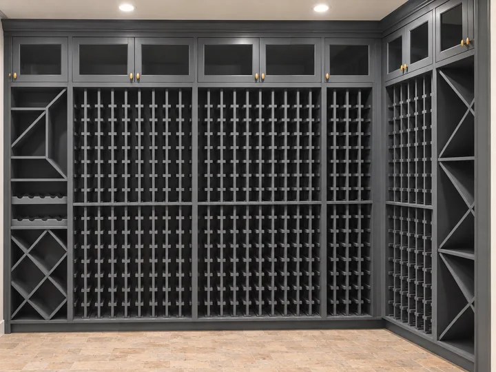 Full-height dark wine storage with bottle racks and display cabinets