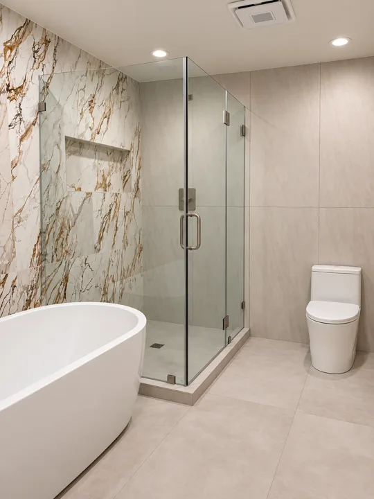 White freestanding bathtub beside a marble shower enclosure