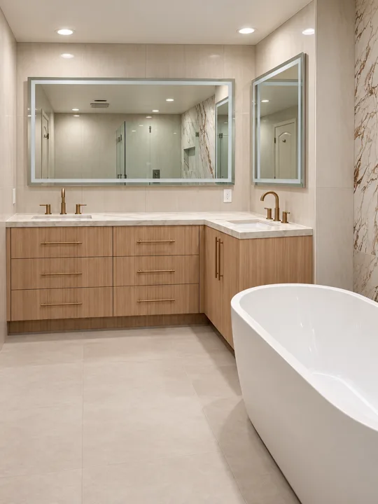 Oak double vanity beside a white curved bathtub