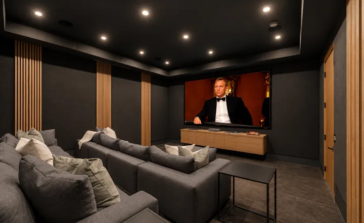 Dark home theater with tiered upholstered lounge seating