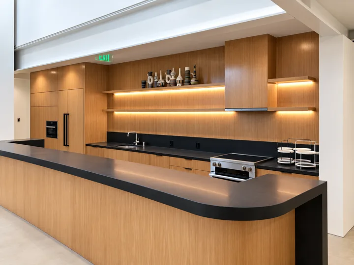 Salon reception counter with curved oak cabinetry and illuminated shelves
